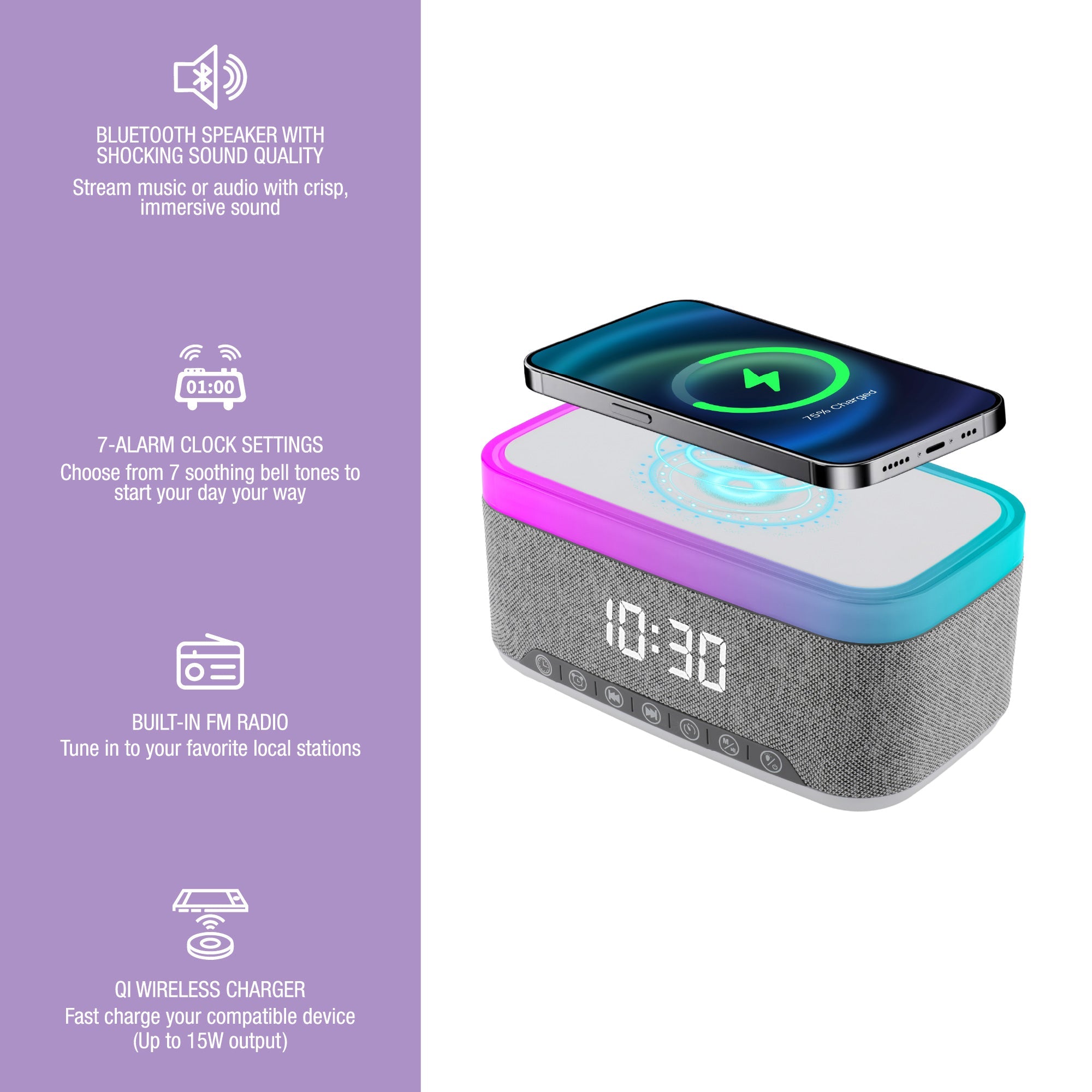 Pursonic 2-in-1 Tech Bundle – 5-in-1 Folding Wireless Charger & Bedside Alarm Clock
