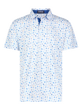 Men's short-sleeve performance polo, white with blue sailboat pattern and button collar