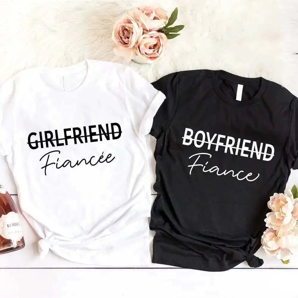 Couples tee set with white Girlfriend Fiancée shirt and black Boyfriend Fiance shirt