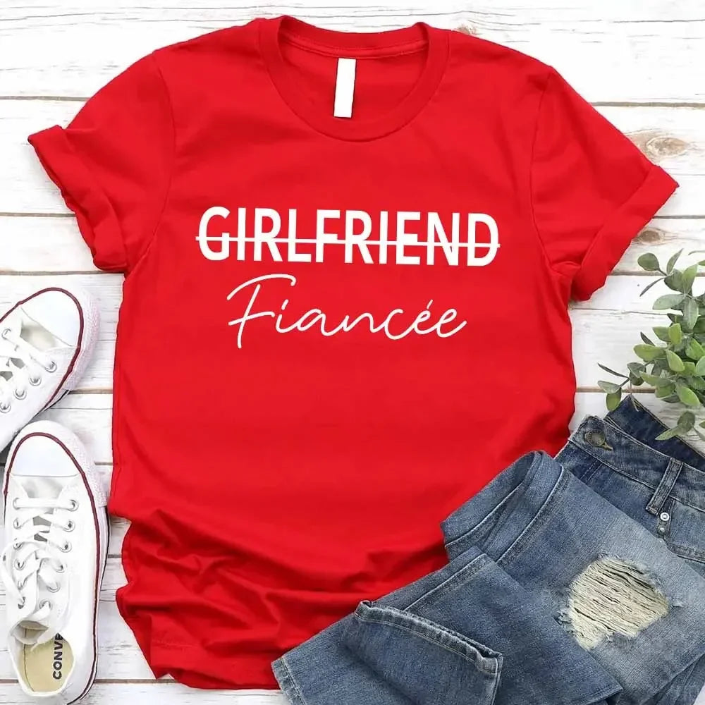 Red graphic tee with "Girlfriend Fiancée" text