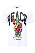 White T-shirt with large peace-hand graphic and multicolor word art on front