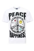 White graphic T-shirt with large Peace and Happiness typography and peace symbols