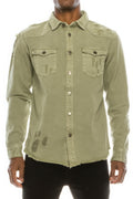 Men's ripped denim overshirt, light jade front button-up with chest pockets