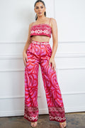 Cherry satin bandeau bra top and wide-leg pants set with geometric border trim