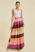 Color-block maxi skirt in plum, tan, and mauve stripes with tiered layers