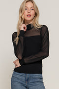 Black long-sleeve mesh panel blouse with high neck, fitted knit front