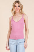 Soft pink ribbed V-neck lace-trim strap tank top, sleeveless