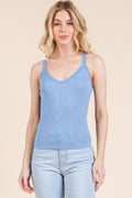 Haze blue ribbed V-neck lace-trim strap tank top, scalloped neckline and thin straps