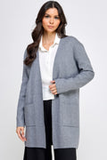 Grey longline open-front cardigan sweater with patch pockets and long sleeves