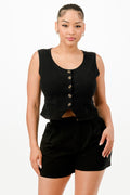 Black cropped button-front vest with peplum hem and matching black shorts