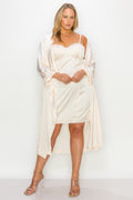 Cream satin strap dress with self-belt coat, front view