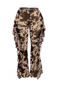 Brown leopard-print mesh high-waist pants with side ruffle panels, draped wide legs