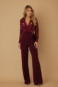 Wine lace long-sleeve jumpsuit, V-neck lace bodice, waist belt, wide flared legs