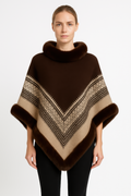 Chevron knit poncho with faux fur collar, dark brown with beige chevron border trim