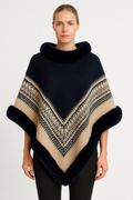 Chevron knit poncho with faux fur collar, black and tan chevron pattern sleeves