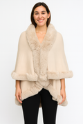 Beige faux fur trim cape with shawl collar and open front, fur cuffs