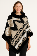 Black faux fur trim poncho with tribal geometric knit panels, loose poncho silhouette