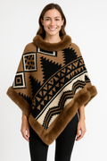 Tribal zigzag poncho with faux fur trim, dark brown and cream panels