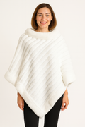 Faux fur winter poncho, white, draped with hood and quilted chevron texture