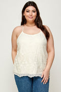 Cream embroidered mesh t-back cami with scalloped hem