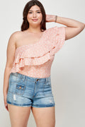 Pink ditsy floral one-shoulder ruffle bodysuit with layered flutter sleeves