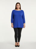 Royal blue ribbed knit tunic top with button cuffs and 3/4 sleeves