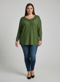 Green embellished neckline dolman sleeve tunic top, loose fit with long sleeves