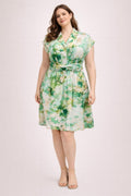 Floral waist-tie shirt dress, green-and-white print, button front, short sleeves