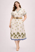 White midi dress with green floral print, V-neck, short sleeves, tan belt