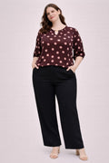 Maroon polka dot split-neck blouse with puff sleeves, loose fit