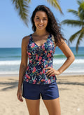 Women’s floral tankini top with navy boy shorts, sleeveless and printed