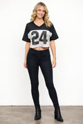 Women's mesh crop jersey top, black with V-neck and white 24 graphic