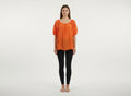 Orange crochet-sleeve blouse with gathered front pleats