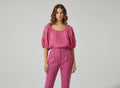 Pink women's solid blouse with crochet sleeves and gathered scoop neckline