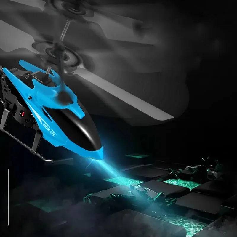 Blue and black gesture-control flying helicopter toy with spinning rotors and light effect
