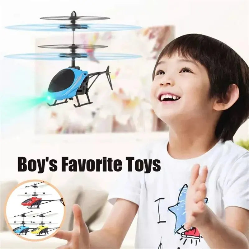 Blue and black gesture-control helicopter toy near a smiling child