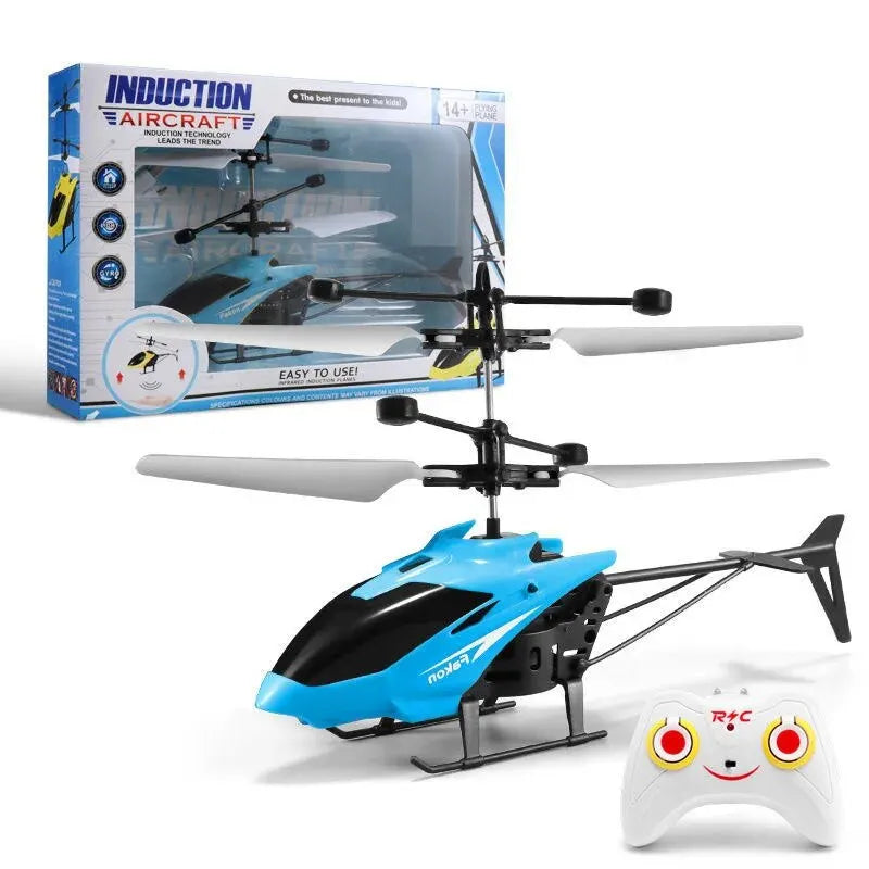 Blue and black gesture-control flying helicopter toy with remote controller
