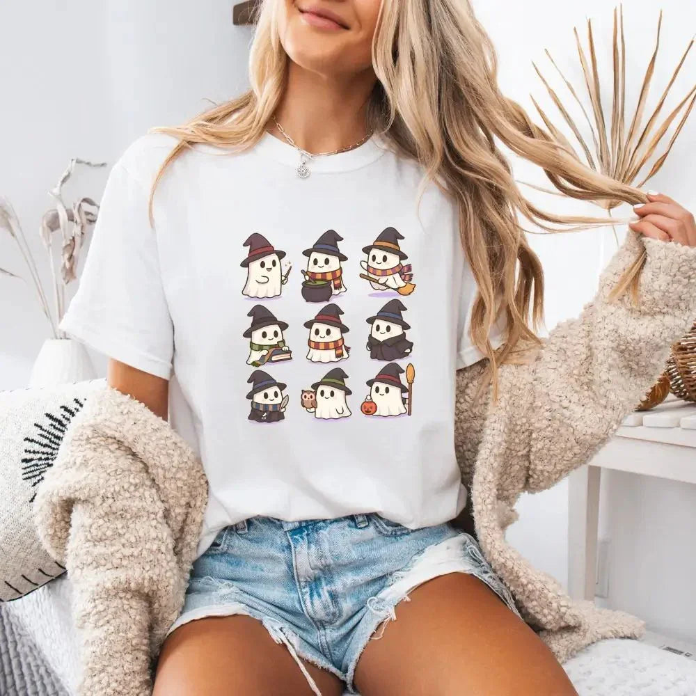 White Halloween T-shirt with cute witch ghost characters graphic on front