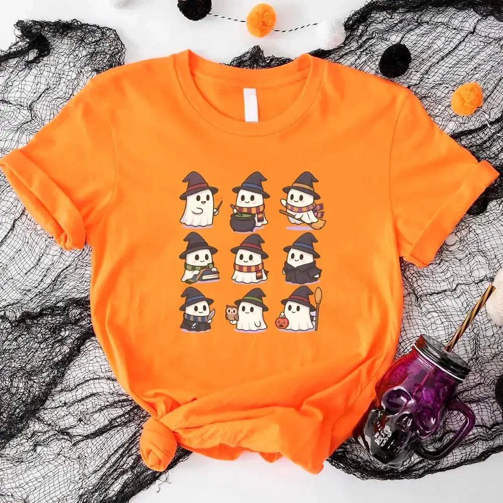 Orange Halloween T-shirt, short-sleeve crew neck, witch ghost cartoon print
