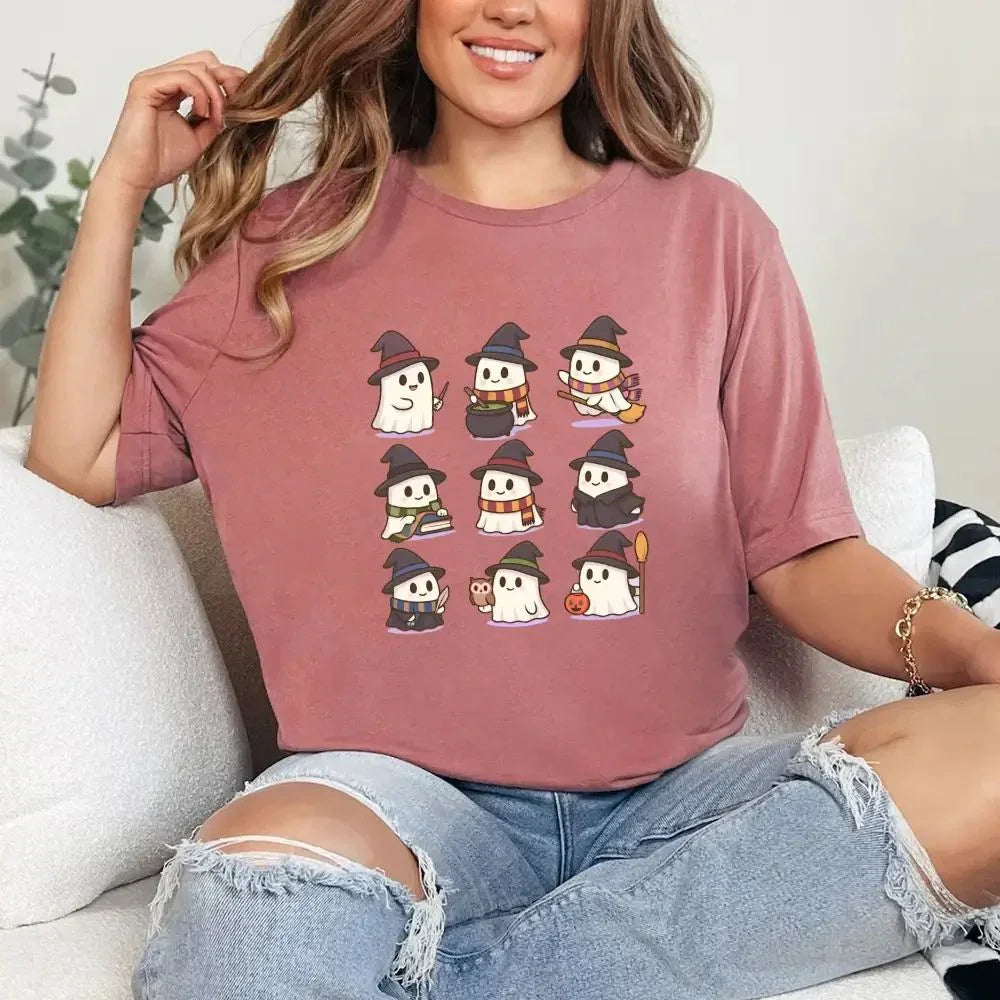 Mauve Halloween graphic T-shirt with cute witch, ghost, and pumpkin characters