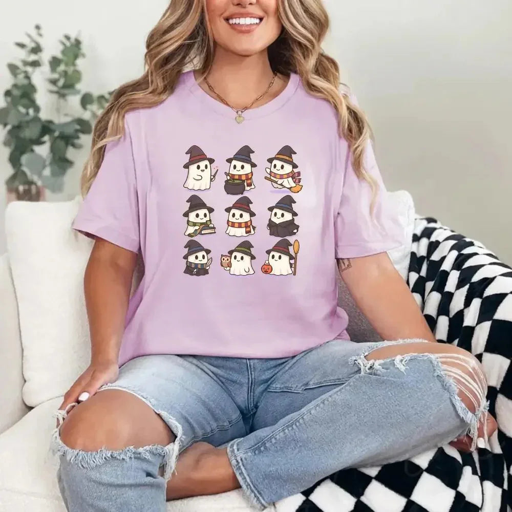 Lilac Halloween graphic T-shirt with cute witch and ghost characters