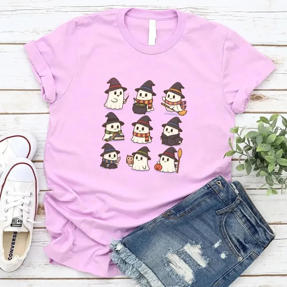 Light purple Halloween graphic T-shirt with cute witch and ghost characters