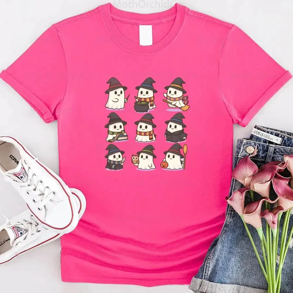 Hot pink Halloween graphic T-shirt with cute witch and ghost characters