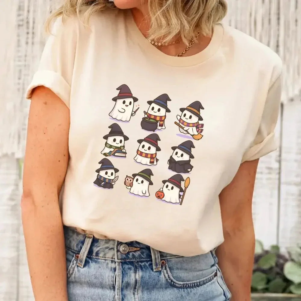 Cream Halloween graphic T-shirt with cute witch and ghost characters