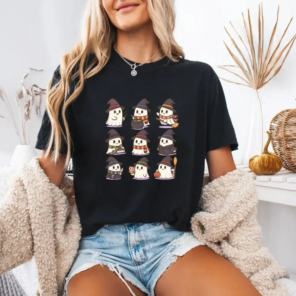 Black Halloween T-shirt with cute witch ghost characters graphic on front