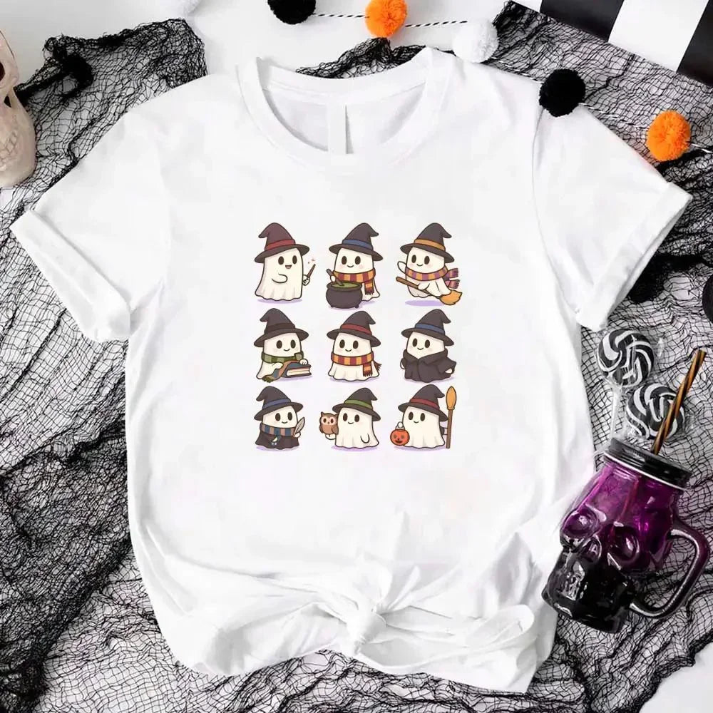 White Halloween T-shirt with witch ghost character grid print, crew neck