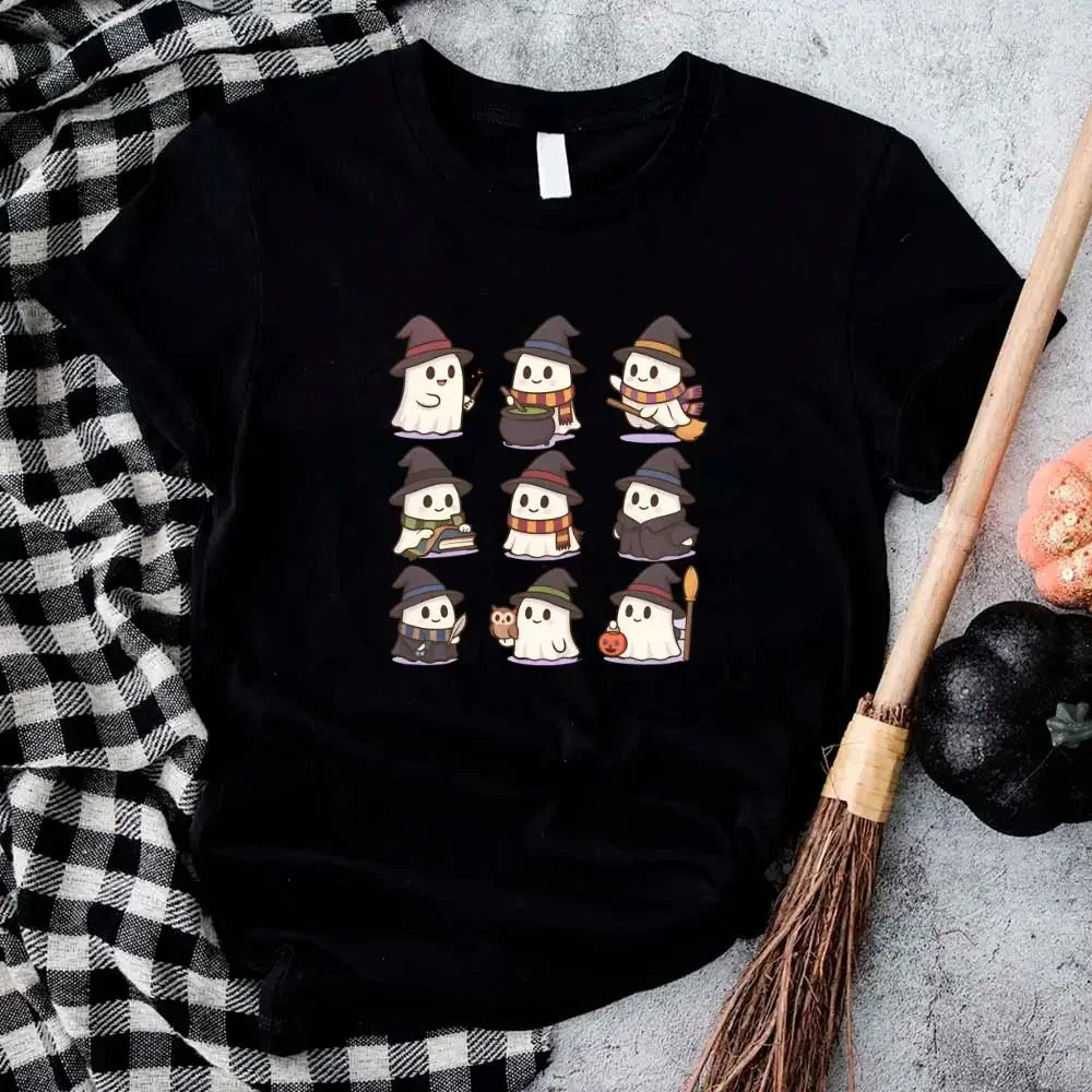 Black Halloween T-shirt with witch ghost cartoon print, short-sleeve crew neck