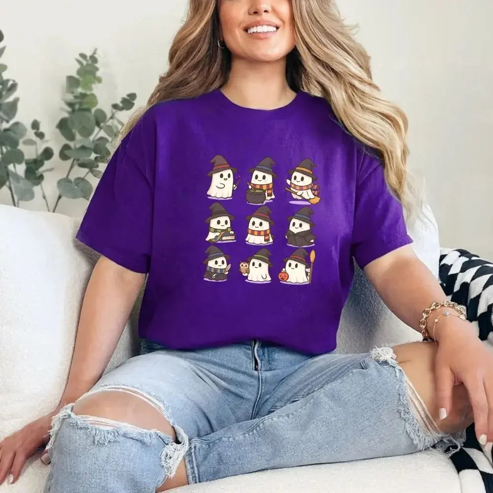 Purple Halloween T-shirt featuring cute witch ghost characters on the front