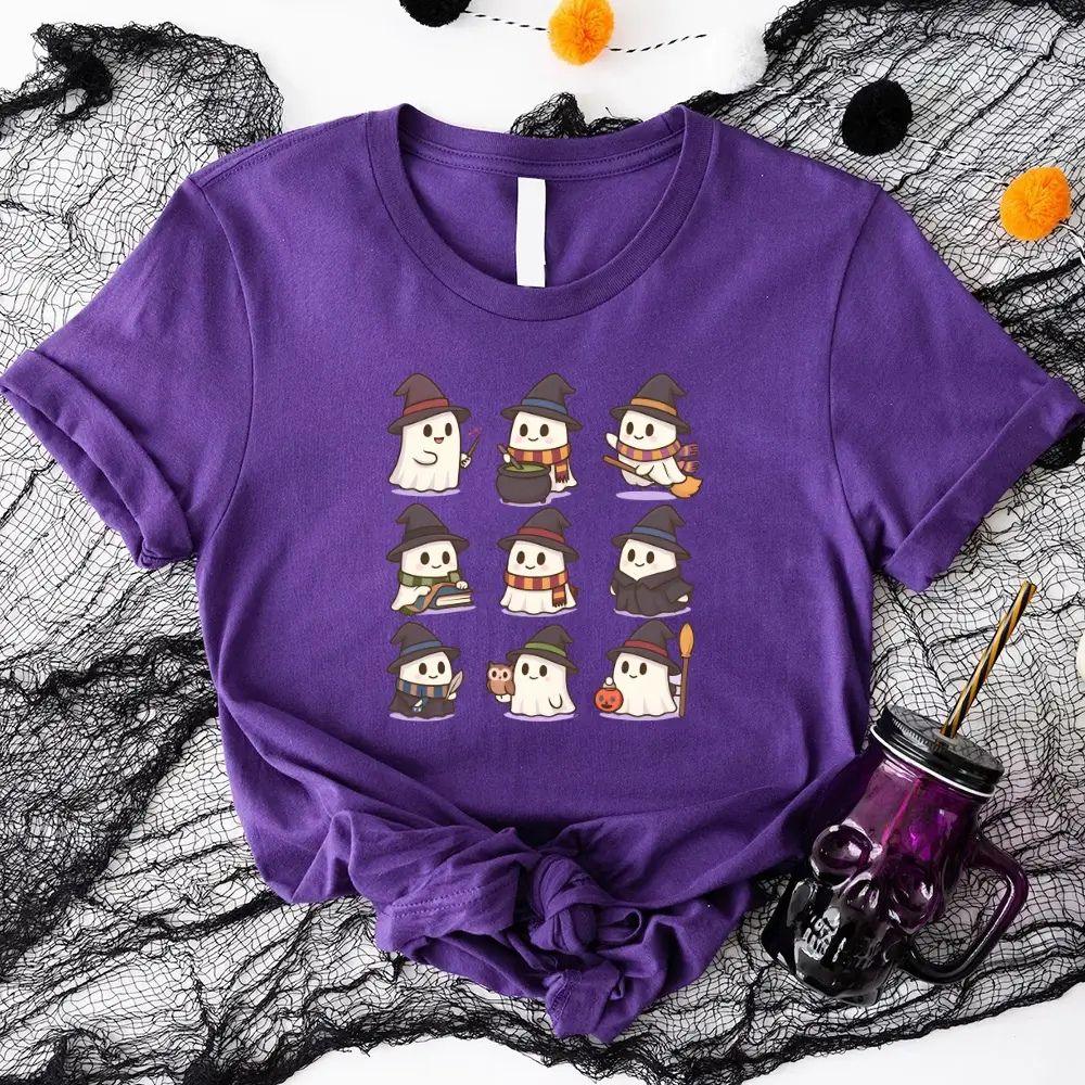 Purple Halloween T-shirt with witch ghost cartoon print on crew neck front