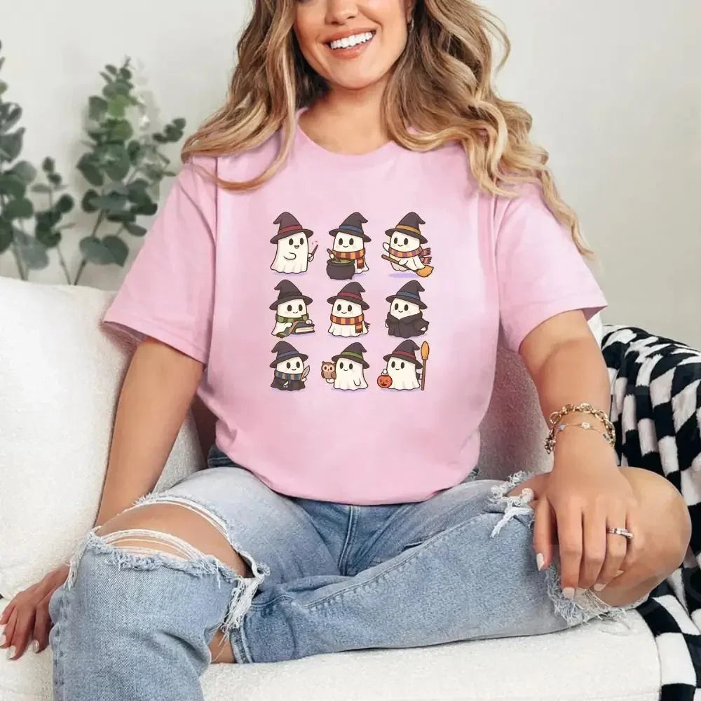 Pink Halloween T-shirt with cute witch ghost characters print on front